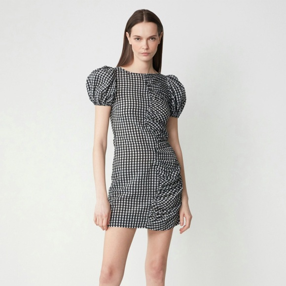 GANNI Puff Sleeve Ruched Seersucker Black and White Gingham Mini Dress size 4 - Picture 1 of 11